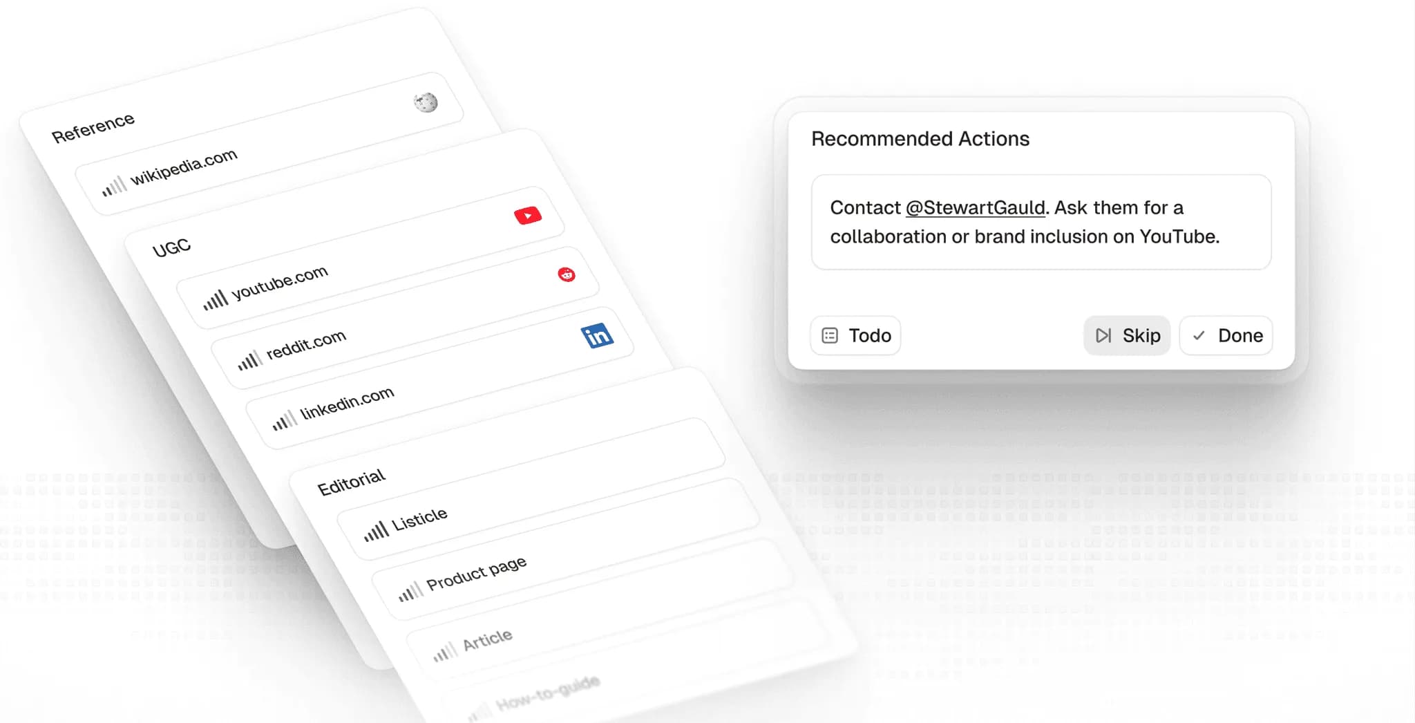Earned media source cards for Reference, UGC, and Editorial with recommended outreach actions